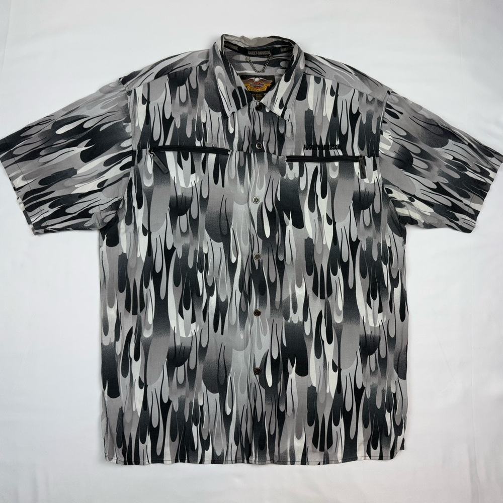 Vtg Harley Davidson Mens Flame Rayon Shirt Sz Large Y2K AOP Button Up Fire C1